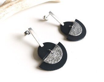 LUNA earrings - Leather and stainless steel - Black - silver - half moon - Defilenvadrouille - women's jewelry - handmade