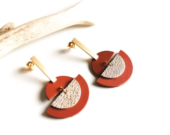 LUNA earrings - Leather and gold-plated stainless steel - Terra Cotta - Half moon - Defilenvadrouille - jewelry - handmade