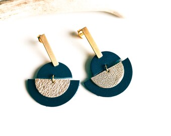 LUNA earrings - Leather and gold-plated stainless steel - Duck blue - gold - half moon - Defilenvadrouille - jewelry - handmade