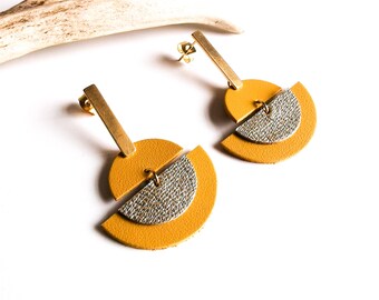 LUNA earrings - Leather and gold-plated stainless steel - Mustard Yellow - gold - moon - Defilenvadrouille - jewelry - handmade