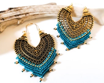 Brass/macramé earrings - oriental - Defilenvadrouille - plugs - spacers - Alternative ethnic jewelry - turquoise blue - gold