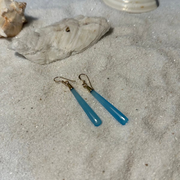 18k Gold Blue Chalcedony Stone Drop Earrings