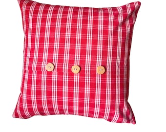 Plaid Pillow Cover, Red and White Plaid, 20x20 Pillow Cover, Pillow with Buttons, Accent Pillow For Couch, Home Decor, Couch Cushion Cover,