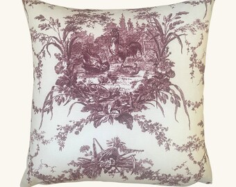 Red Toile Pillow Cover, Red Rooster Fabric, Toile de Jouy, French Country Cushion, Shabby Farmhouse Pillow, English Cottage Decor, 18x18