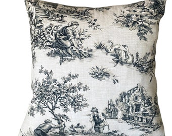 Black Toile Pillow Cover, 18x18 Pillow, French Country Decor, Romantic Toile de Jouy Pillow Cover, Black and Cream, Multiple Scenes