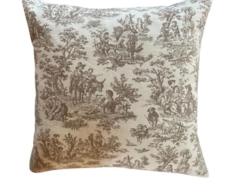 Toile de Jouy Pillow Cover, Warm Beige and Brown Tones, French Country Decor, Pastoral, Shabby Chic, Toile Decor, Decorative Pillow Cover