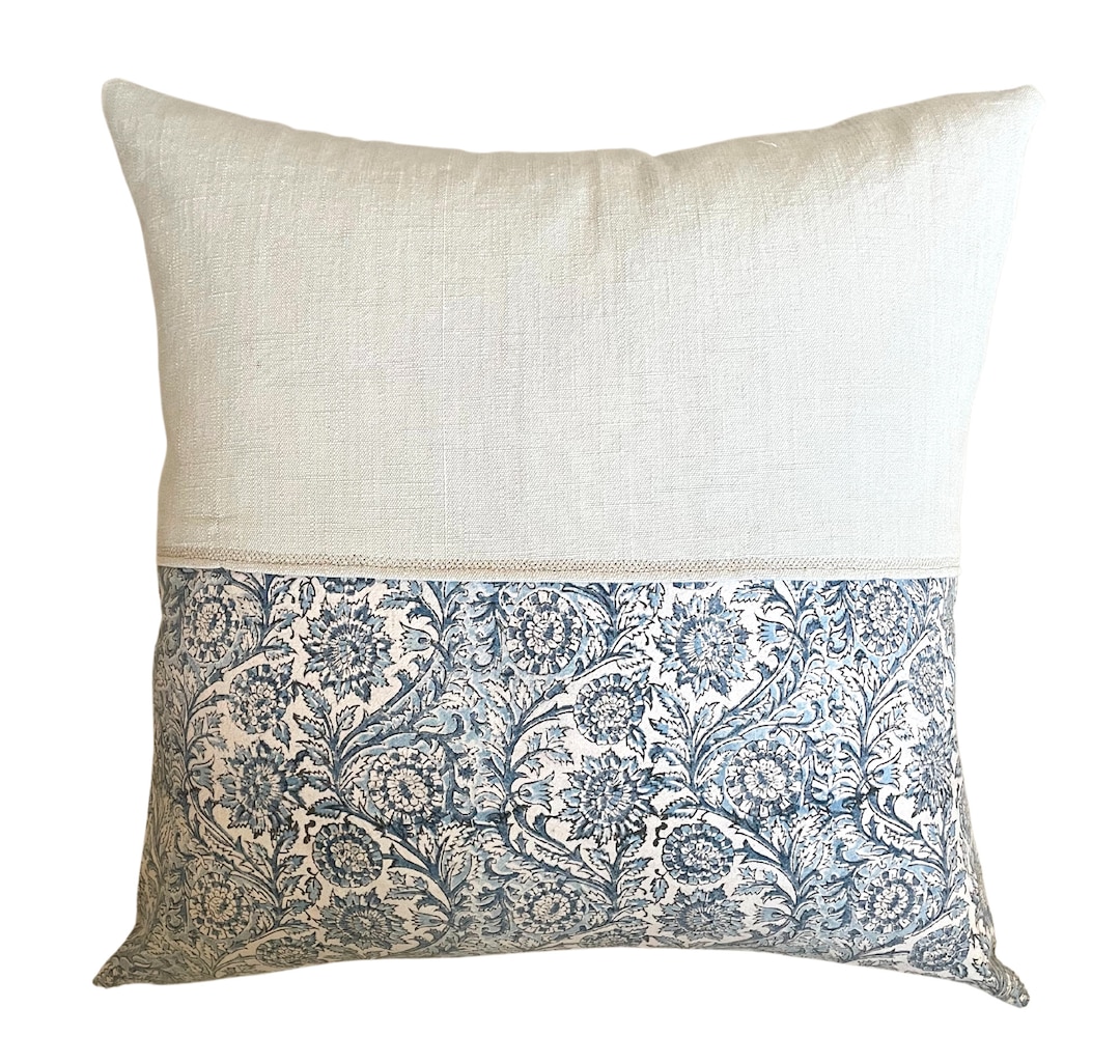 Blue Cream Pillow Cover 20x20 Floral Pillow Sofa Throw Etsy