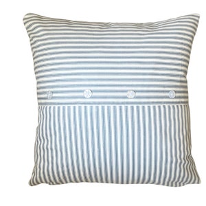Blue Ticking Stripe Pillow, Farmhouse Pillow Cover, 18x18 Pillow, Nursery Pillow Boy, Coastal Throw Pillow, Cottage Pillow, Ticking Pillow