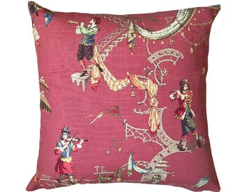 Old World Pillow Cover, Old Tyme Musicians, Burgundy and Tan, Decorator Fabric, 20x20, Medieval Musicians, Decorative Throw Pillow