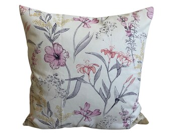 Floral Pillow Cover, Spring Pillow, White Pink and Gray Pillow, Wildflower Throw Pillow, Gift for Mom,  Vintage Inspired, Sketch Style