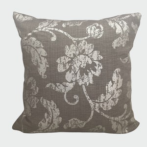 Metallic Pillow Cover, Floral Pillow, Shimmery, Shiny Pillow, Silver and Tan Pillow Cover, High End Fabric, Silvery Accent Pillow,