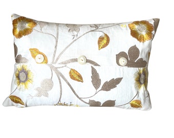 Embroidered Floral Pillow, 14x20 Lumbar Pillow, Neutral Pillow Cover, Lumbar Couch Pillow Cover, Throw Pillow with Flowers, Decorator Fabric