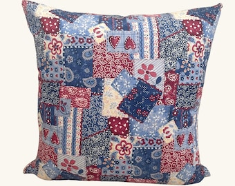 Patchwork Pillow Cover, Red White Blue Pillow, Valentine Pillow Cover, Patriotic Pillow, 20x20 Pillow Cover, Country Pillow, Farmhouse Decor