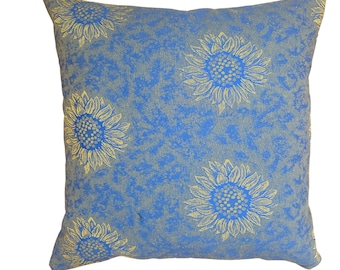 Sunflower Pillow Cover, Blue Gold Pillow, Decorator Fabric Pillow, 20x20 Pillow, Home Decor, Shimmery Throw Pillow, Floral Pillow, Accent