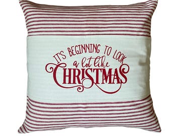 Christmas Pillow Cover 18x18, It's Beginning to Look like Christmas, Farmhouse Pillow, Red Ticking, Red and Cream, Christmas Decor, Holiday