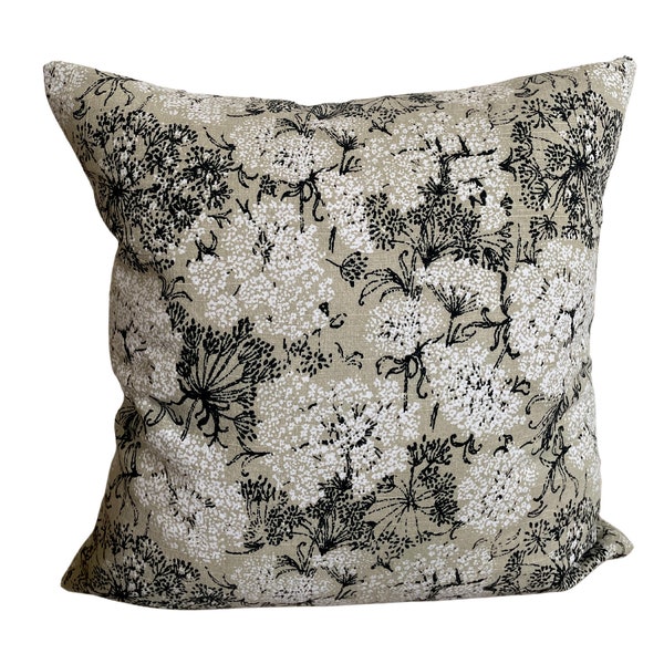 Floral Pillow Cover 18x18, Tan Black White, Boho Pillow, White Hyndrangae, Floral Accent Pillow, Designer Fabric, Dandelion, Throw Pillow