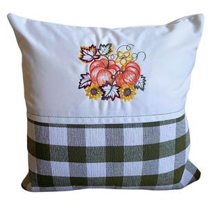 Embroidered Fall Pillow Cover, Pumpkins and Vines, Buffalo Plaid, Olive and White Pillow Cover, Autumn Decor, 16x16 Pillow Cover, Seasonal