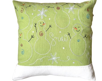 Snowman Pillow Cover, Embroidery Snowman, Corduroy Cushion Cover, Winter Throw Pillow, Winter Home Decor, Green White Pillow, 16x16 Pillow
