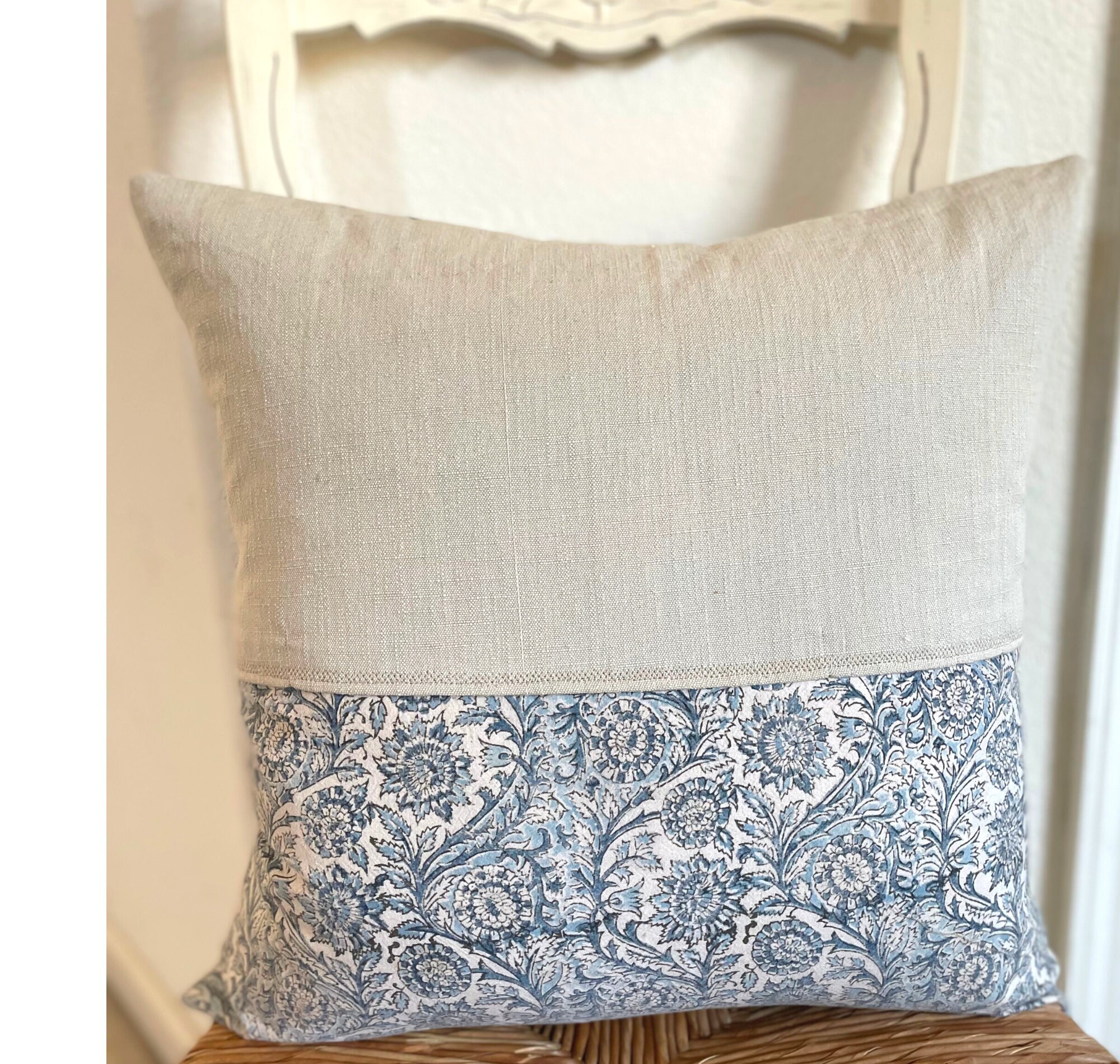 Blue Cream Pillow Cover 20x20 Floral Pillow Sofa Throw Etsy