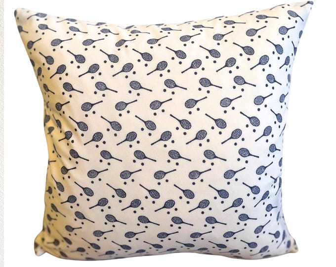 Tennis Pillow, White and Navy, Tennis Player Gift, Tennis Themed Gift, Sports Lover, Double Sided Pillow Cover, Tennis Rackets, Home Decor,