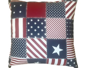 Outdoor Patriotic Pillow Cover, 20x20 Pillow Cover, Red White Blue Pillow, Independence Day Pillow, Patriotic Patchwork Pillow, Americana