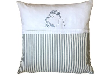 Embroidered Bird Pillow, Bird Throw Pillow Covers, Spring Pillow Cover, Blue White Ticking Pillows, 18x18 Pillow Cover, Bird Embroidery Art