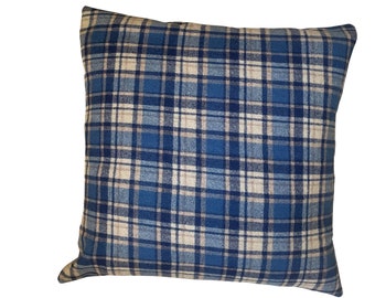 Blue Plaid Pillow Cover 20x20, Wool Pillow Cover, Blue Tan Pillow, Farmhouse Pillow, French Country Cottage, Ranch Decor, Mosier Plaid,