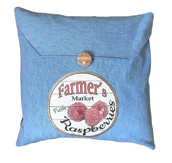 Farmers Market Pillow Denim Pillow Cover Summer Fruit Decor Etsy