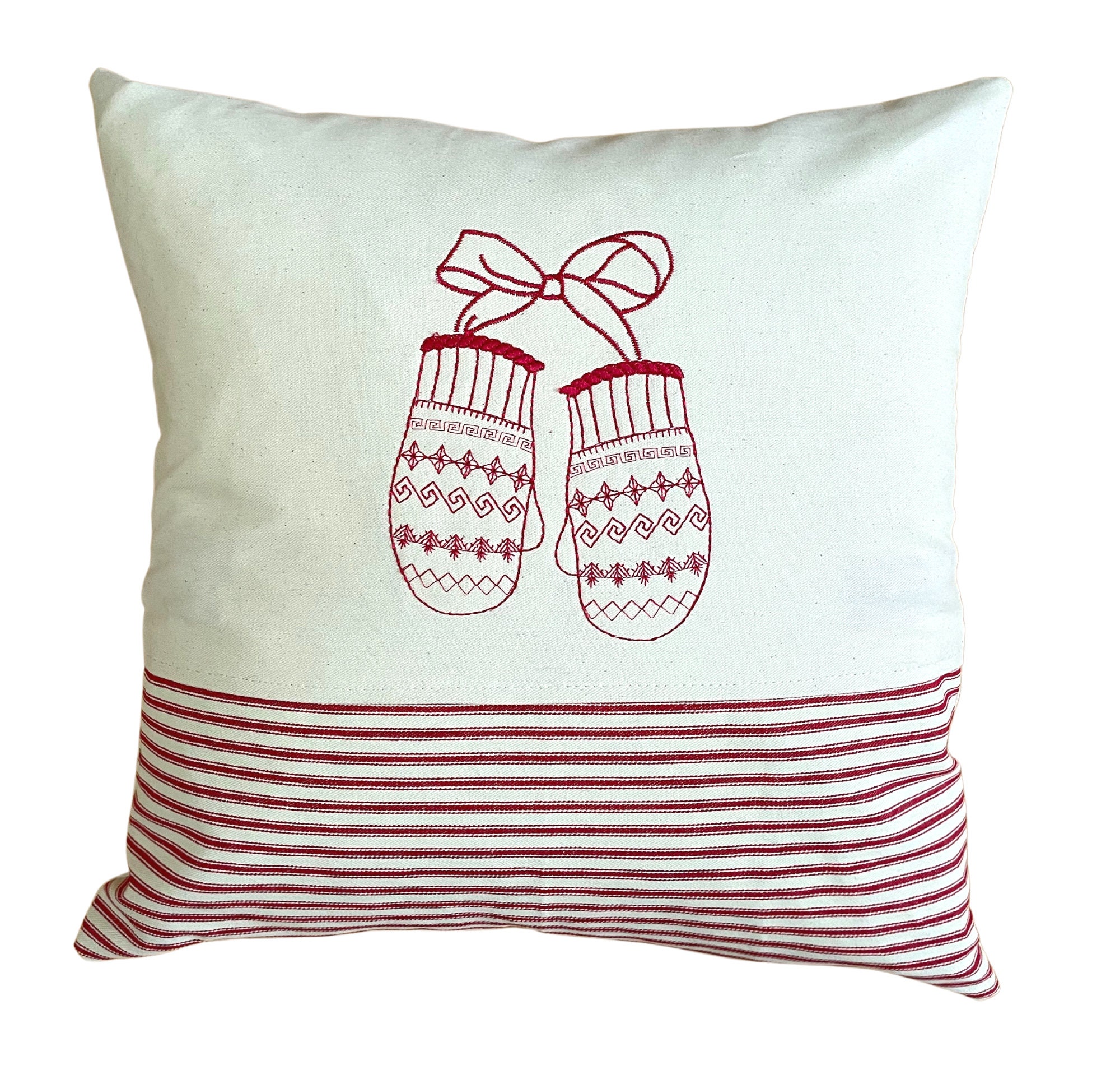 Embroidered Winter Pillow Cover 18x18, Mittens Pillow, Red Ticking, Winter Home Decor, Cabin Pillow Cover, Farmhouse Pillow,