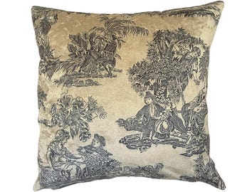 Toile Pillow Cover, Tan and Gray, Velour, 16x16 Pillow Cover, Pastorale de Jouy, French Vintage Cushion Cover, French Country Decor,