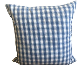 May include: Square pillow with a blue and white gingham pattern. The pillow has a soft, textured appearance and is likely made of fabric. The classic check design adds a touch of rustic charm, suitable for home decor.