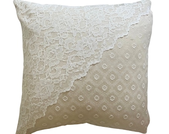 Pillow Cover with Lace, Neutral Pillow Cover 20x20, Embroidered Pillow, Romantic Style Decor, Shabby Chic Pillow, Cottage Core Decor,