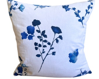 Pillow Cover with Flowers, White and Blue Floral Pillow, Watercolor Flower Pillow, Double Sided, Multiple Sizes, Spring Pillow Cover,