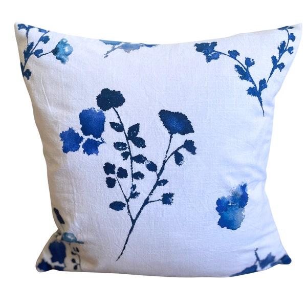 Pillow Cover with Flowers, White and Blue Floral Pillow, Watercolor Flower Pillow, Double Sided, Multiple Sizes, Spring Pillow Cover,