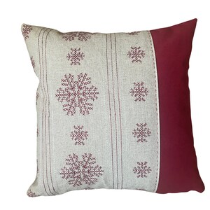 Snowflake Pillow, Red and Tan Pillow 18x18 Pillow Cover, Embroidered Pillow Cover, Winter Pillow, Rustic Farmhouse Decor, Winter Decor,