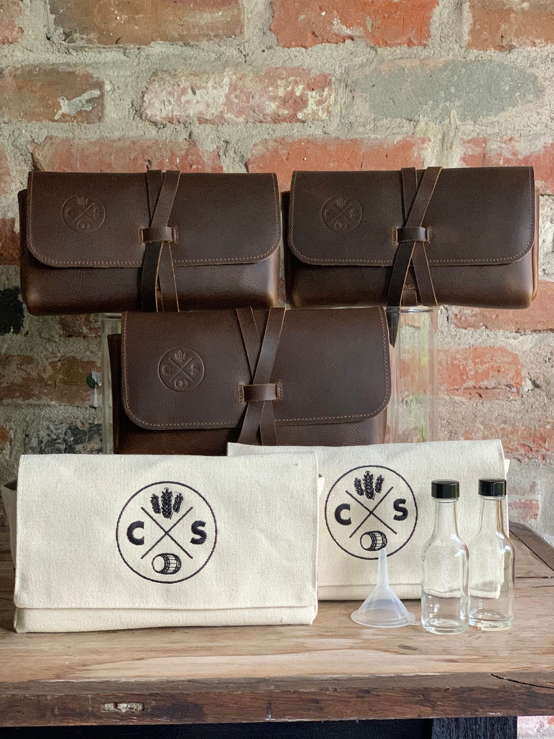 Leather Mini Travel Bar case and bottles Vintage Brown Etsy