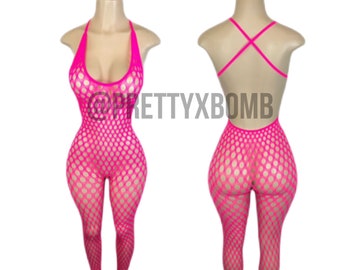 Hot pink fishnet bodystocking