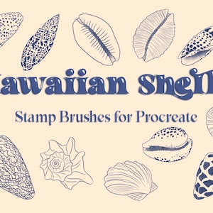 May include: A set of 10 digital stamp brushes for Procreate featuring various Hawaiian shell designs. The shells are drawn in a simple, line art style and are perfect for adding a touch of tropical flair to your digital art.