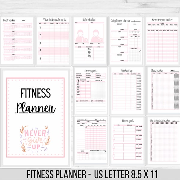 Fitness planner workout journal weight loss tracker digital big happy planner printable fitness planner bundle diet log instant download pdf
