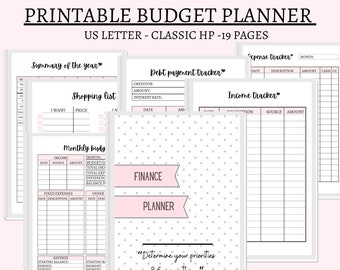 May include: Printable budget planner with 19 pages, featuring a gray and white polka dot background with pink accents. The planner includes sections for tracking income, expenses, debt payments, savings, and a shopping list. The text "Determine your priorities & focus on them." is printed in black on a white background.