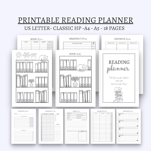 Reading planner printable reading journal book planner reading log book shelf classic hp big happy planner A5 A4 reading tracker inserts pdf