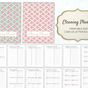 Może przedstawiać: Drukowany planer sprzątania z kwiatowym wzorem. Okładka przedstawia różowo-zielony wzór kwiatowy ze słowami "Cleaning Planner". Planer zawiera różne listy kontrolne i harmonogramy, rozmiar 21,6 x 27,9 cm.