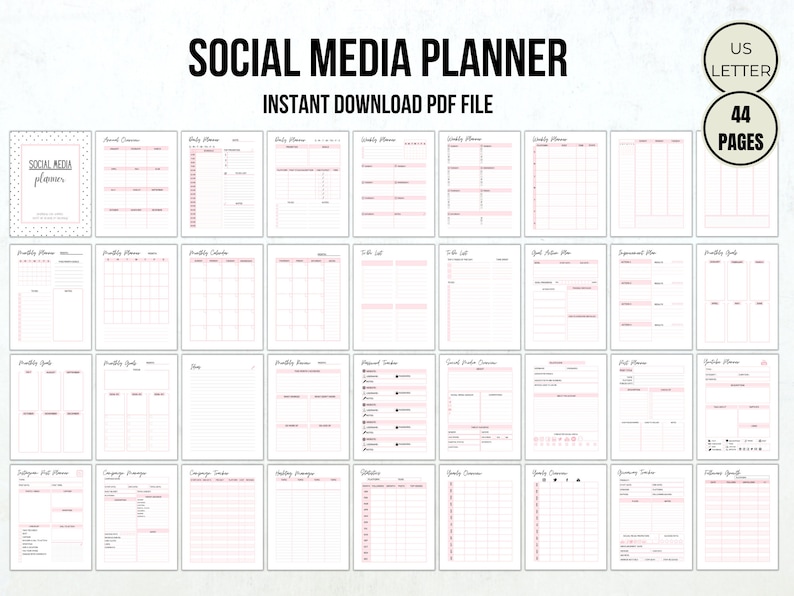 May include: A social media planner with 44 pages in US letter size. The planner includes sections for daily, weekly, and monthly planning, as well as goal setting, content ideas, and engagement strategies.