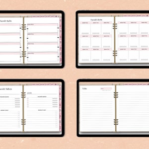 May include: Four digital planner pages with a pink and white color scheme. The pages are labeled "Favorite Books", "Favorite Authors", "Notes", and "Reading List". Each page has a grid layout with spaces for writing book titles, authors, and notes.