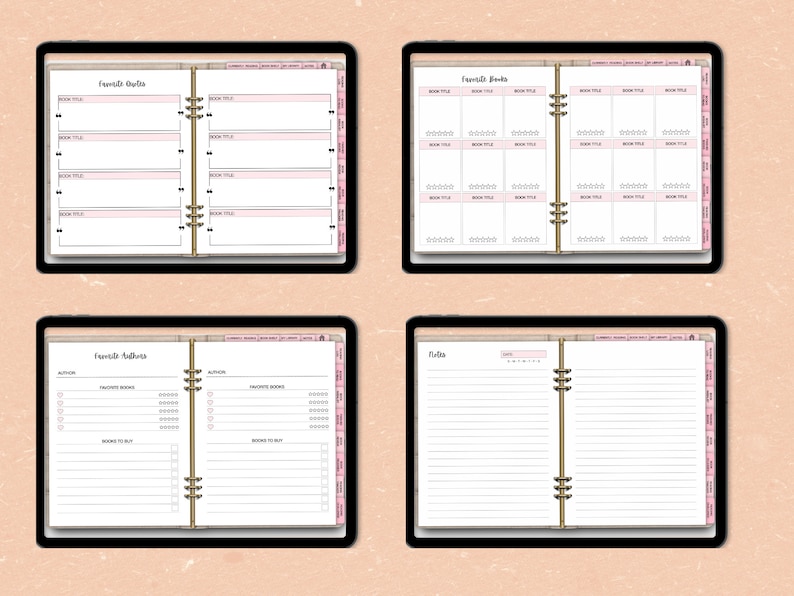 May include: Four digital planner pages with a pink and white color scheme. The pages are labeled "Favorite Books", "Favorite Authors", "Notes", and "Reading List". Each page has a grid layout with spaces for writing book titles, authors, and notes.