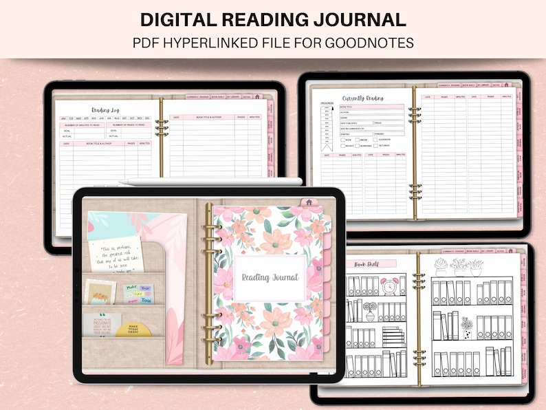 May include: Digital reading journal for Goodnotes app. The journal has a floral design and includes sections for reading log, currently reading, and a bookshelf.