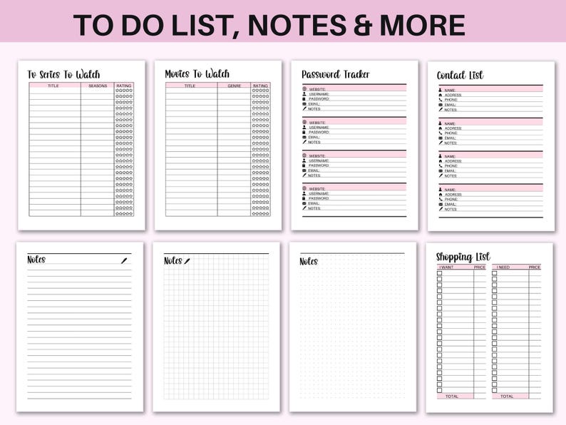 May include: Printable planner pages with sections for to-do lists, notes, passwords, contacts, and shopping lists. The pages are black and white with pink accents.