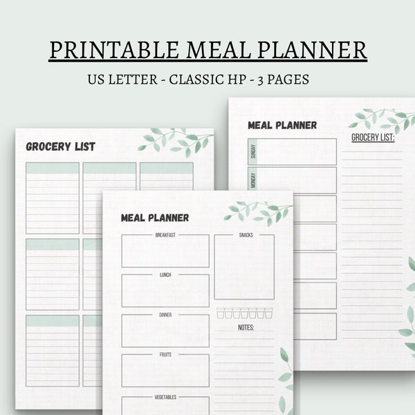 Meal planner printable big happy planner daily meal planner weekly meal planner grocery list inserts classic hp 8.5x11 instant download pdf