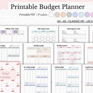 Puede incluir: Planificador de presupuesto imprimible con páginas para realizar un seguimiento de los fondos de reserva, los pagos de deudas, los gastos mensuales, los presupuestos quincenales y semanales, y los presupuestos de nómina. Las páginas están diseñadas con una variedad de colores pastel y un patrón de cerezas.