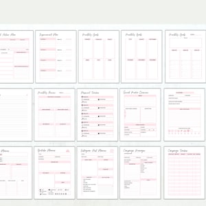 May include: A printable planner with pink accents, designed for social media marketing. It includes sections for goal action plans, monthly goals, monthly income, appointment trackers, social media overview, content calendar, YouTube plans, Instagram plans, campaign manager, and campaign tracker.